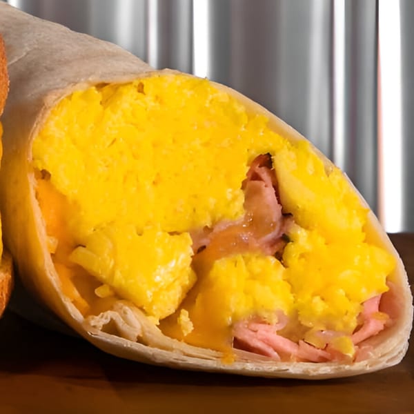 Close-up of a Finn's Deli breakfast burrito, filled with fluffy scrambled eggs and sliced ham.