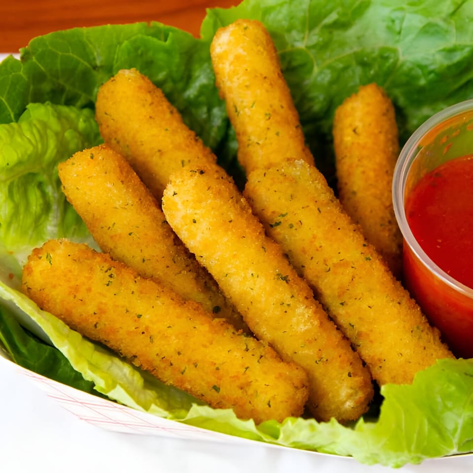 Golden-brown mozzarella sticks with herbs, served on lettuce with a side of red dipping sauce.