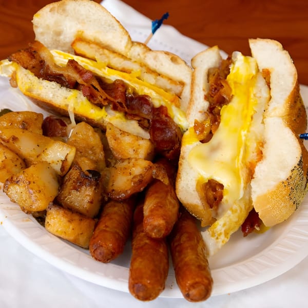A breakfast sandwich with bacon, egg, and cheese, served with home fries and sausage links.